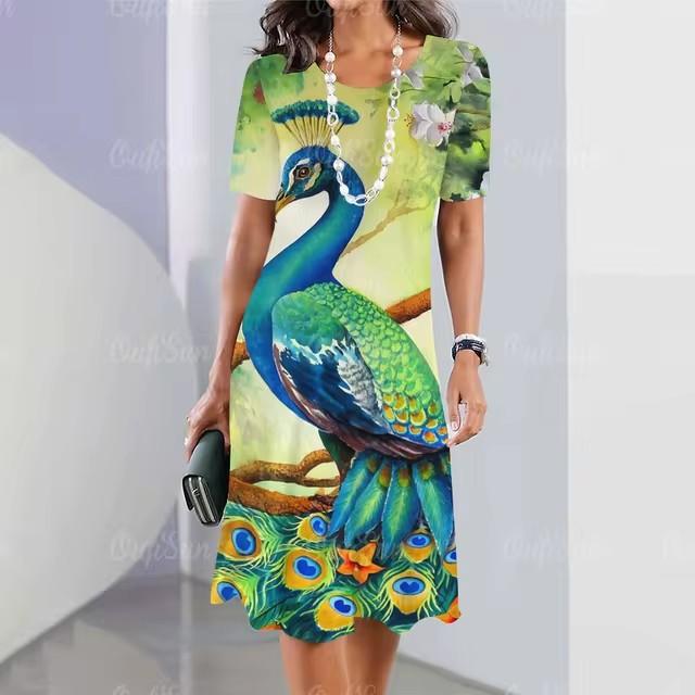 3D Digital Printing Dresses Women s Summer Short-sleeved O-neck Casual Loose Dress S