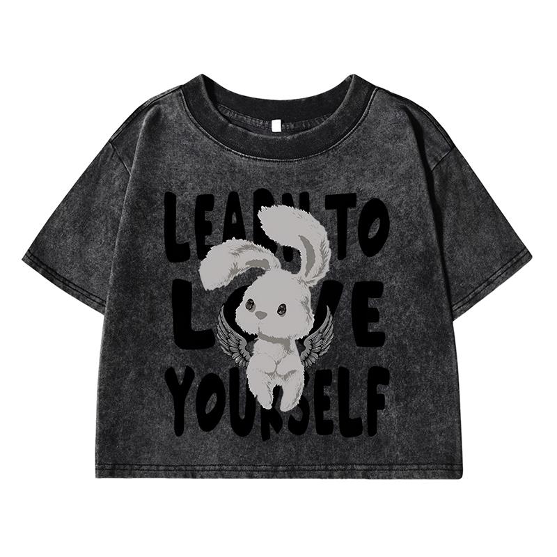 Letter Cute Rabbitprinting Female Washed Short T-Shirt Summer Cool T Shirts Distress Clothes Breathable Soft T-Shirt