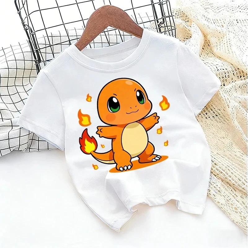 Pokemons White Tshirt Boy Girl Toddler Cute Kids Anime Game Cartoon Casual Streetwear Short Sleeve Childern Clothes Cotton Tops