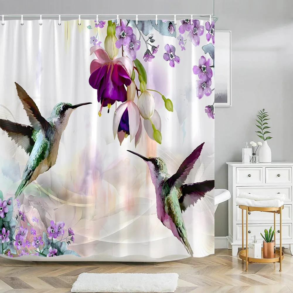 Hummingbird Floral Shower Curtain Watercolor Bird Flower Home Bathroom Decor Polyester Fabric Bathroom Curtain Set Hook Washable