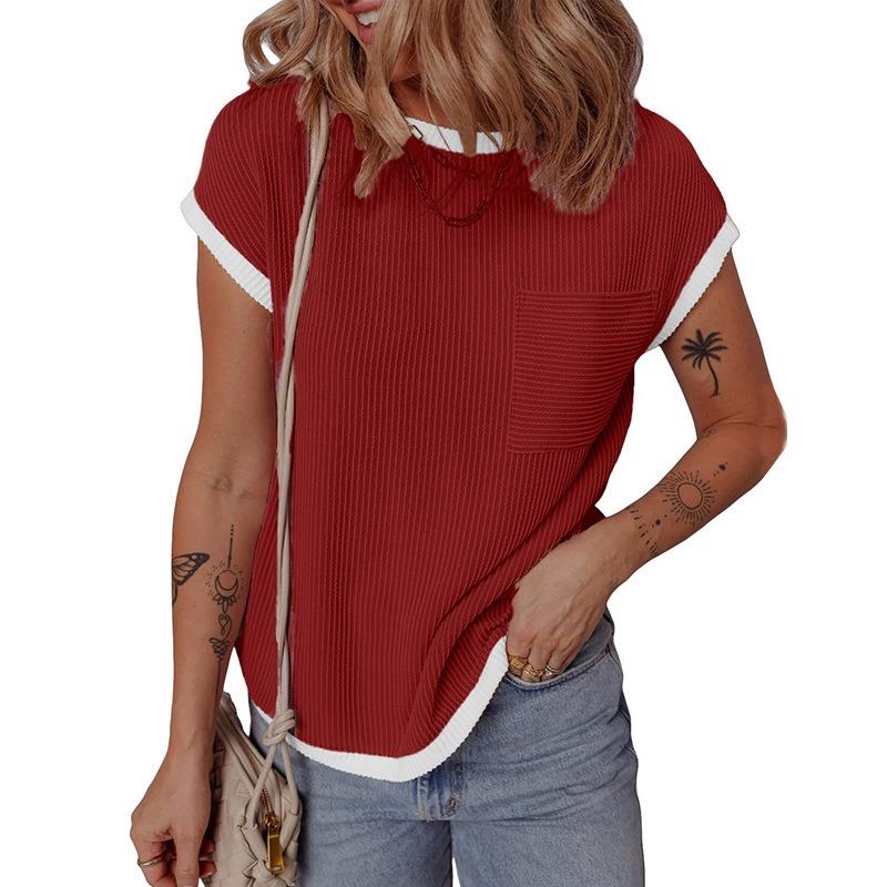 Women Crew Neck Contrast Trim Ribbed T Shirt Short Sleeve Pocket Casual Top