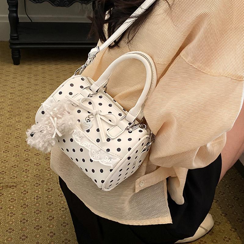 Retro Polka Dot Bow Boston Bag Korean Lace Embroidery Trim Crossbody Bag Women Cute Lolita Zippered Handbag With Pendant