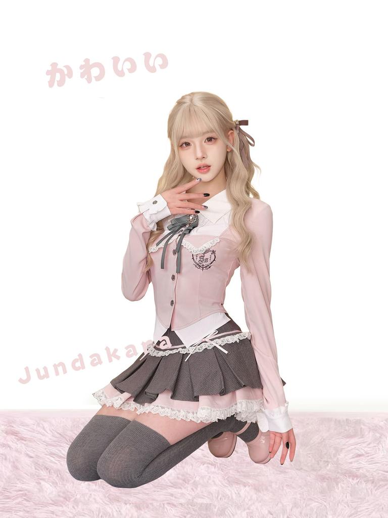 Jundakara Dress Feminine Pleated Tiered Lace Ruffles with Long Korean Korean Lolita Perfect for Size S Women's 3-Piece Set, Ribbon, Sleeves, Style,