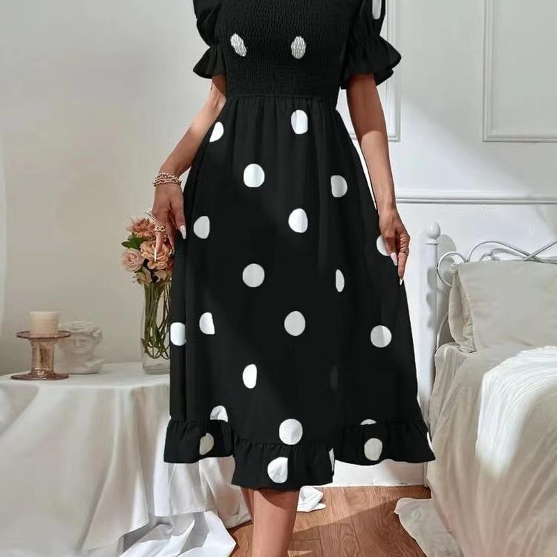 Women's Polka Dot Midi Dress Square Neck Puff Sleeve Fit and Flare Party Dress