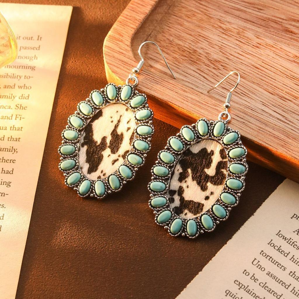 Fashion Retro Bohemian Turquoise Leopard Print Pendant Earrings Ethnic Style Long Earrings