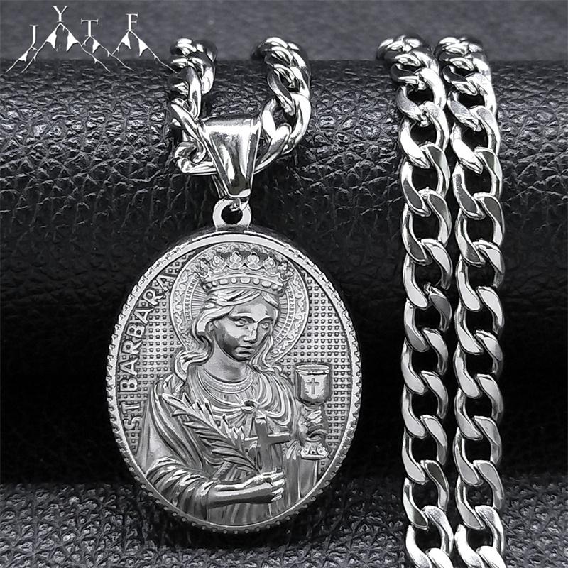 Collier Médaille Sainte Barbe en Acier Inoxydable 316 Couleur Argent Pendentif Hommes Religion Catholique Colliers Bijoux Santa Bárbara
