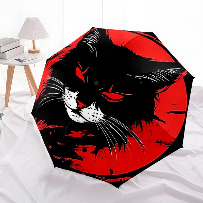1pc Black Cat Red Moon Auto Open Close Umbrella, Portable 3-Fold Design, 8-Bone Iron Frame Outdoor Umbrella, Perfect Gift for Fans, Travelers, Daily U