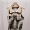 Fashionable Gold Buttoned Striped Sleeveless Summer Sexy Off-shoulder Cool Lightweight Knitted Top for Women