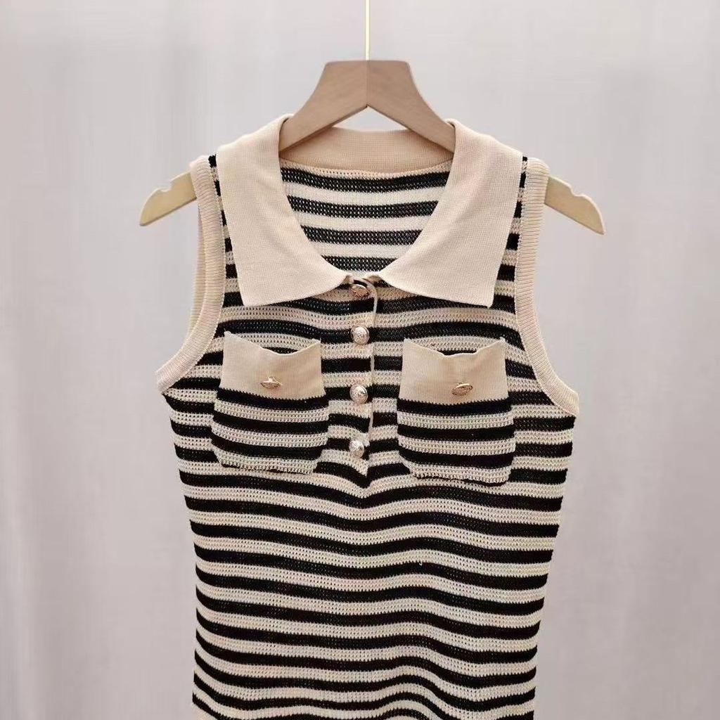 Fashionable Gold Buttoned Striped Sleeveless Summer Sexy Off-shoulder Cool Lightweight Knitted Top for Women