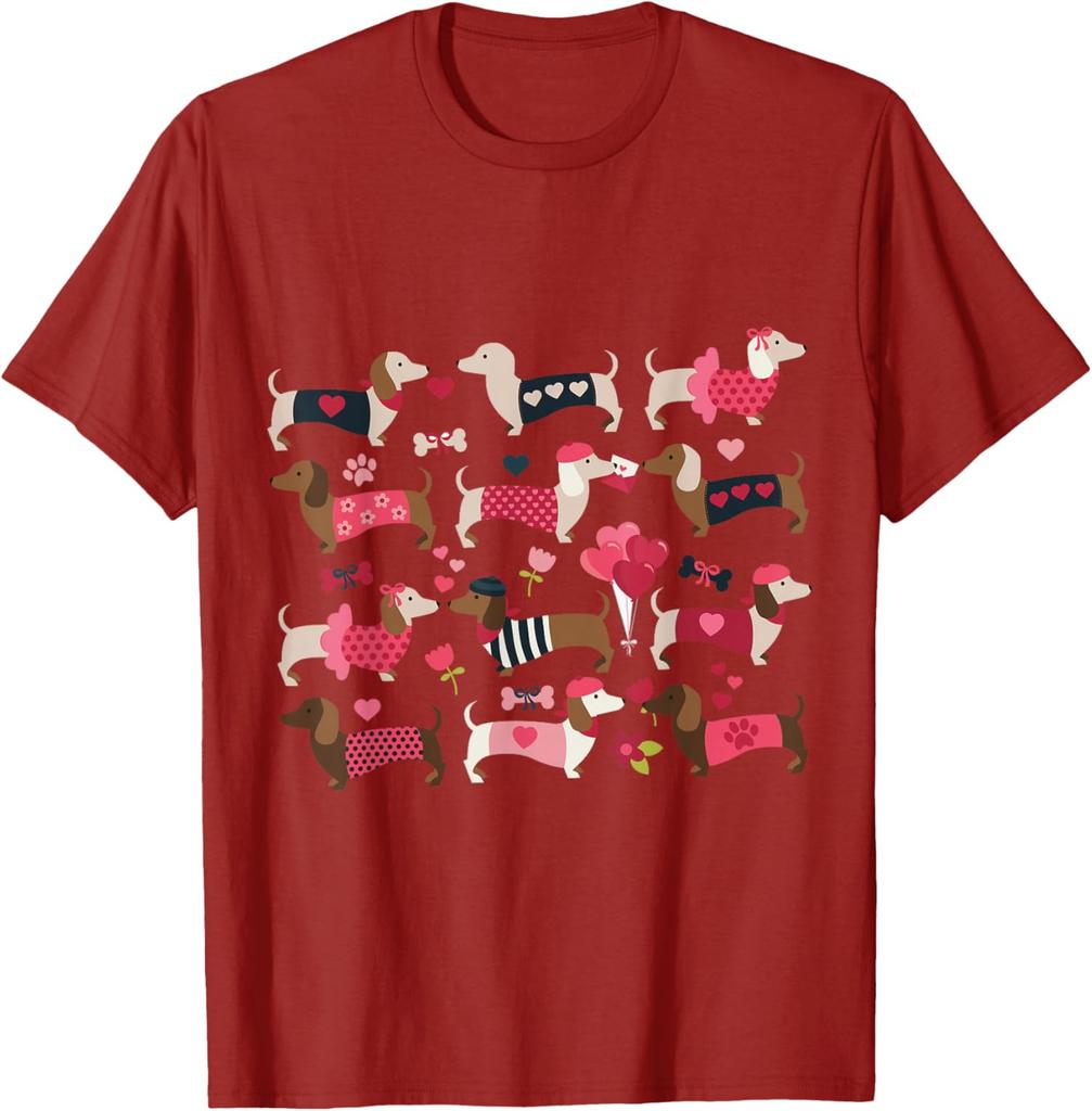 Dachshund Weiner Dog Valentine Heart Print Graphic T-Shirt Casual Daily Crewneck Tee
