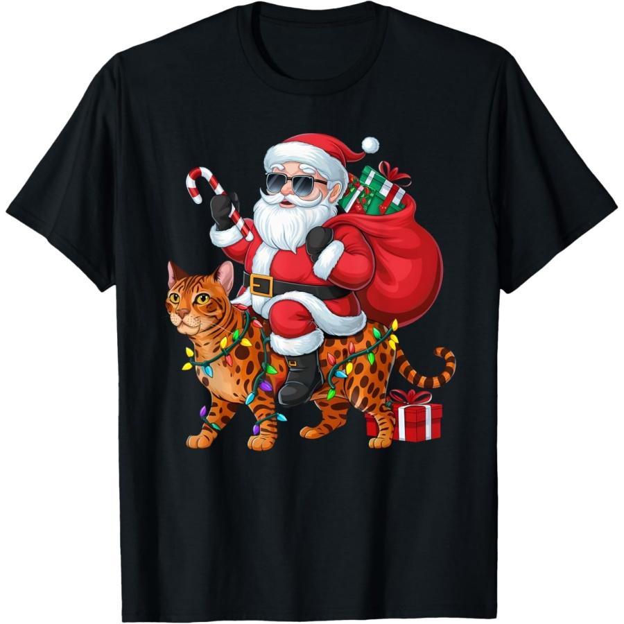Бенгальская кошка Рождественское освещение Санта верхом на бенгальской кошке Рождественская футболка XXXXXL чёрный