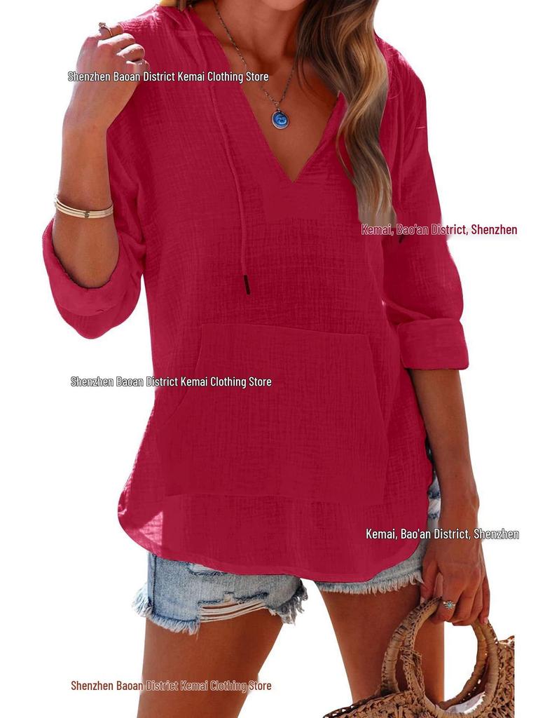 European & Asian 2025 Spring/Summer Women's V-Neck Long Sleeve Beach Hoodie with Pocket