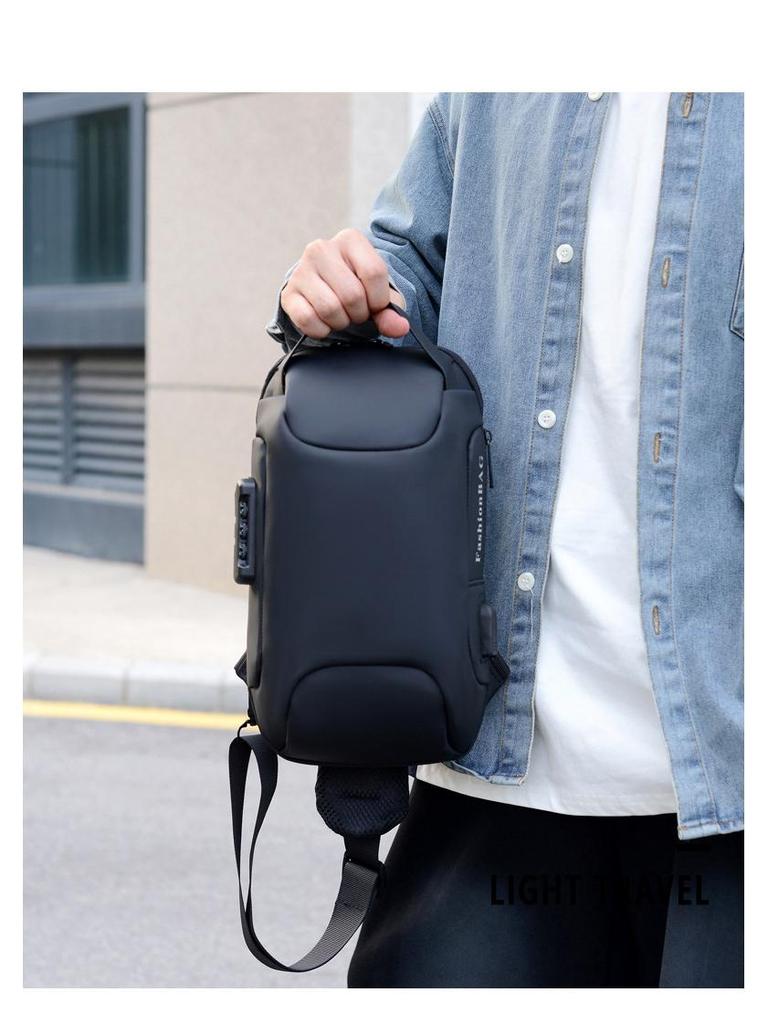 Herren Colorblock USB Brusttasche: Zahlenschloss, Handy-Umhängetasche, Fahrradrucksack