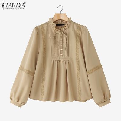 Women Casual Round Neck Long Sleeve Lace Patchwork Loose Blouse
