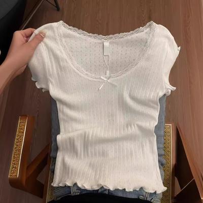 Summer Girly Sense of Straight Shoulders and Thin White Lace Bow T-shirt Women