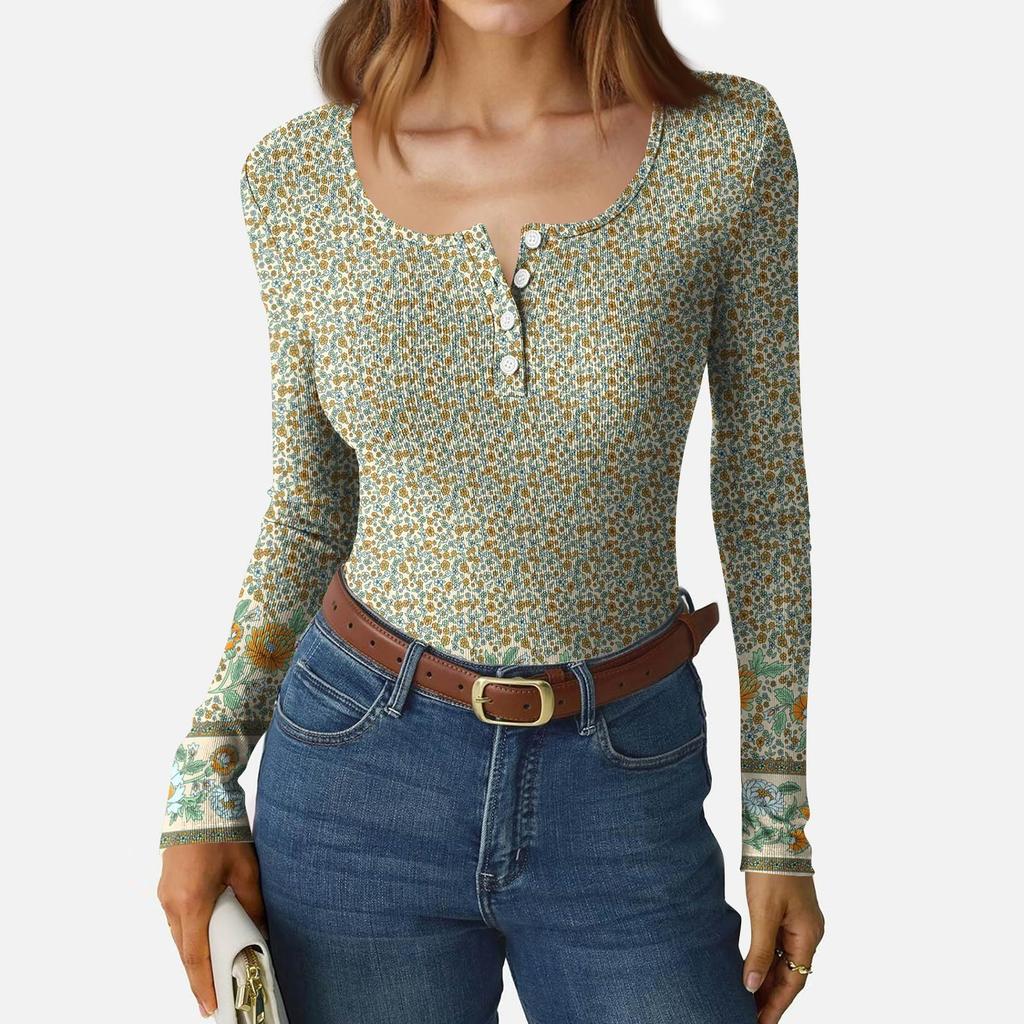 Women's Slim Bottom T-shirt Fashion Casual Gradient Printing Round Neck Pullover Long Sleeve Top