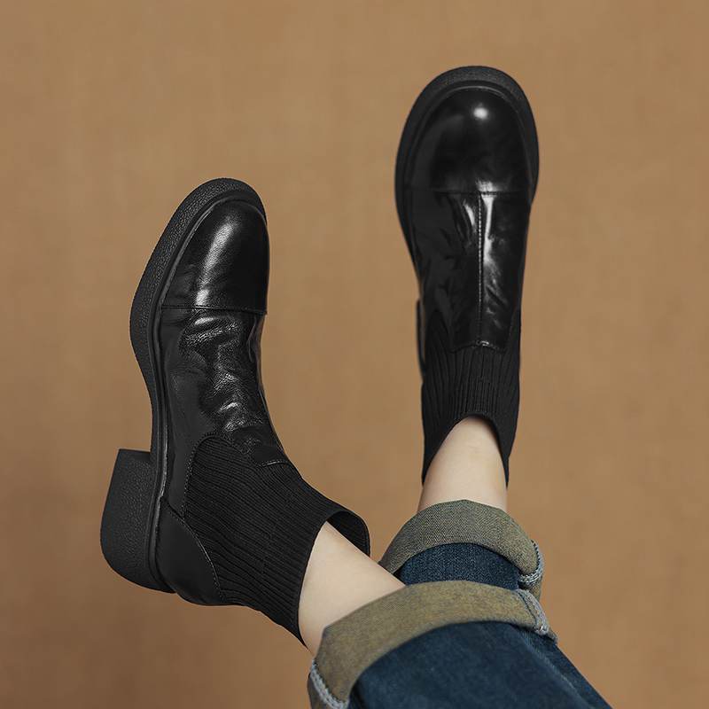 Krazing Pot Sheepskin Pleated Decoration Autumn Winter Shoes Chunky Heels Size 43 Size 42 Round Toe Slip on Retro Knit Wear Ankle Boots