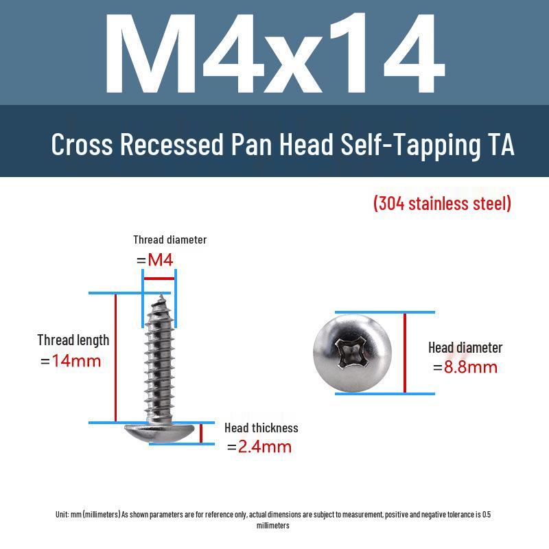 304 Stainless Steel Large Flat Head Self-Tapping Screws, TA Umbrella Head, Pointed Tail, M2-