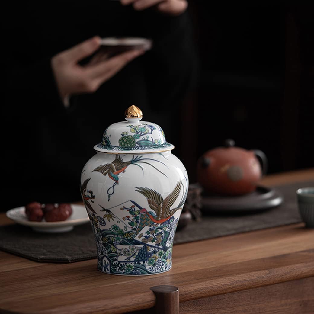 Ceramic Ginger Jar with Lid,Traditional Chinese Decorative Flower Bird Porcelain Jars Temple Jar with Lids, Flower Vases Storage Jar Decor for Living