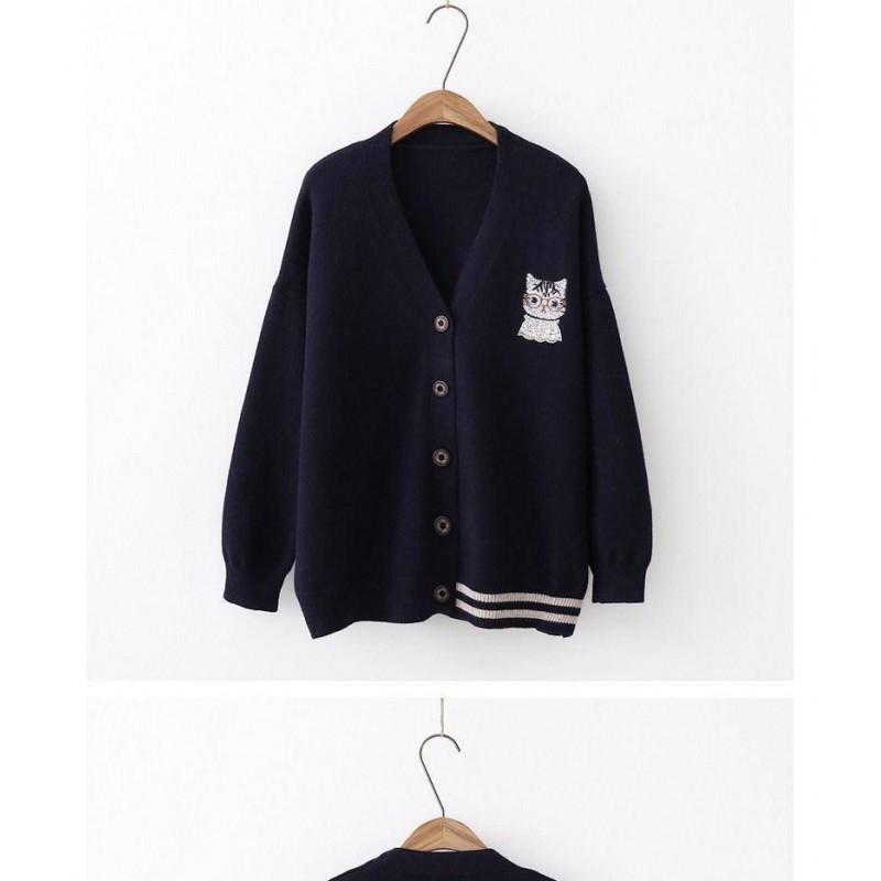 Womens Oversized Knit Cardigan 2026 Loose V-Neck Sweater With Cat Embroidery Soft Warm Long Sleeve Outerwear