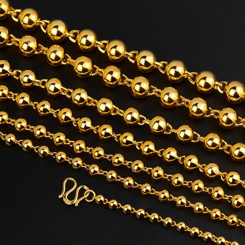 Men s Vietnamese Sand Gold Solid Buddhist Necklace with Bright Round Beads, Pure Copper Gold Plating