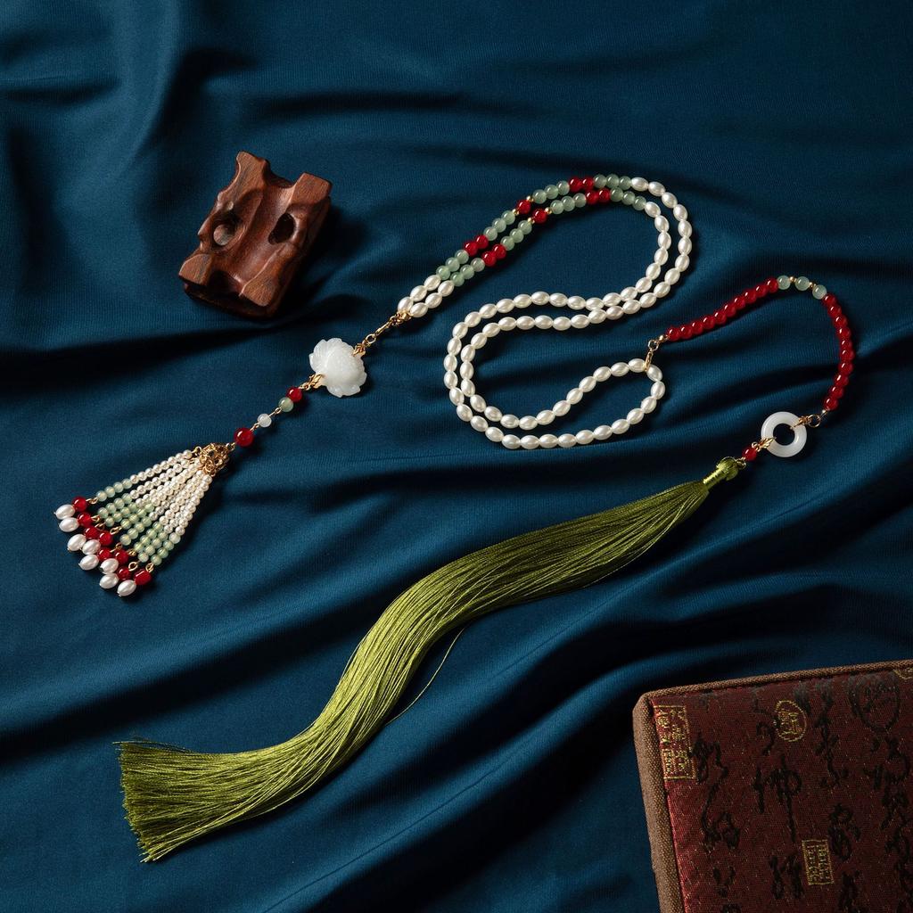 Hanfu Antique Court Long Fringed Accessories Ming-Made Retro Versatile Soft Yingluo Long Cloud-Backed Neck Lotus Necklace