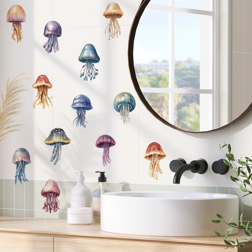 Hand-Painted Vibrant Jellyfish Wall Sticker Sea Life Ocean Theme Self-Adhesive Removable Decor for Bedroom Living Room Wall Art