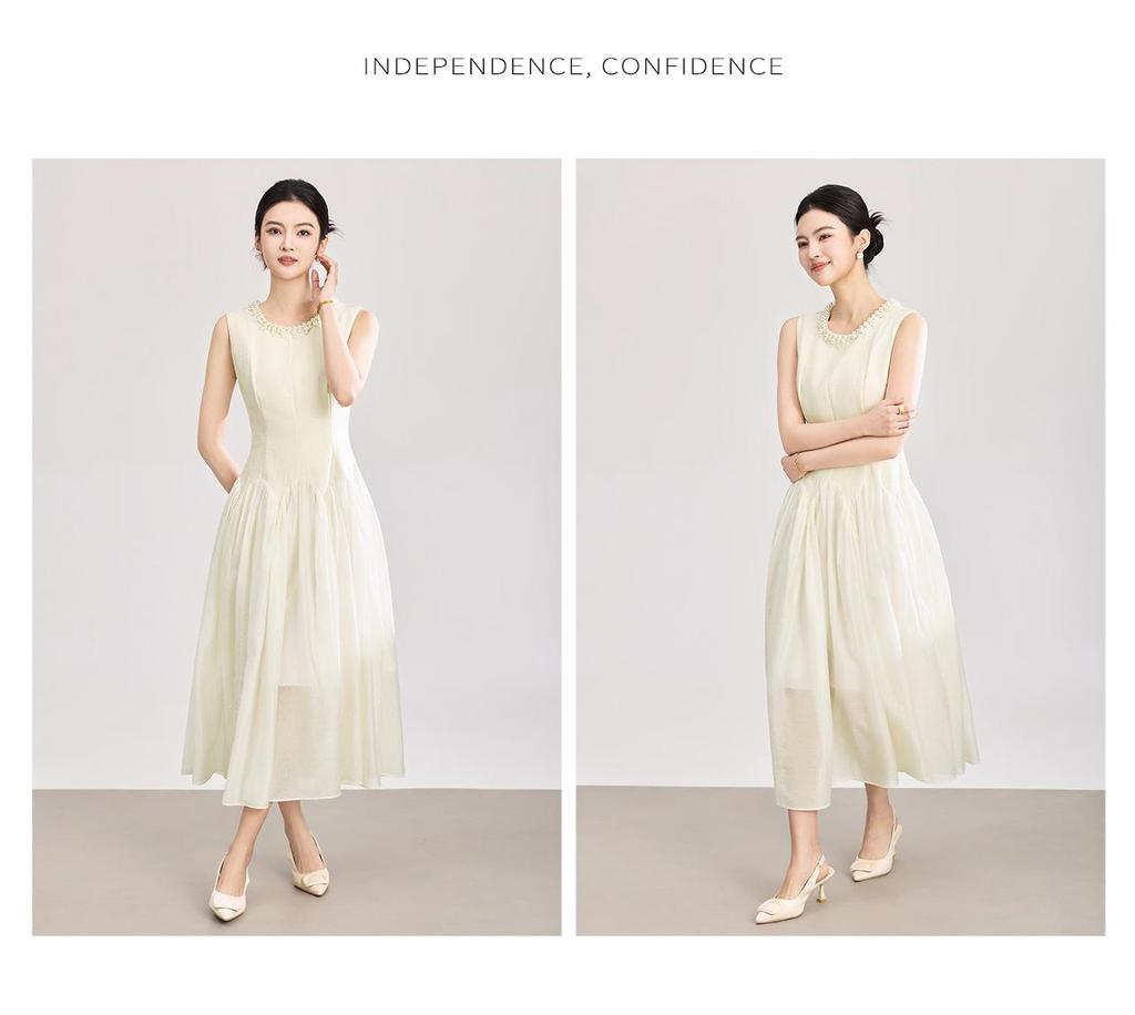 High-Quality Beaded Tencel Crepe Waist-Cinched French Aristocratic Style Tea Party Dress for Women