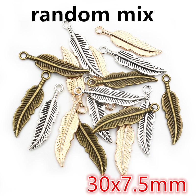 30pcs 28x8mm Feather Charms Pendant Bronze Antique Silver Plated DIY Jewelry Making Accessories Findings for Necklace Bracelet