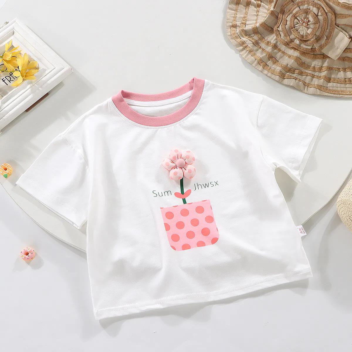 

Девушки Лето с коротким рукавом Повседневная половина рукава Женское сокровище с принтом Трехмерный цветок с коротким рукавом 100 белый