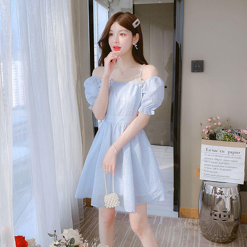 Women's Elegant French Style Puff Sleeve Slimming Short Dress - Summer 2025