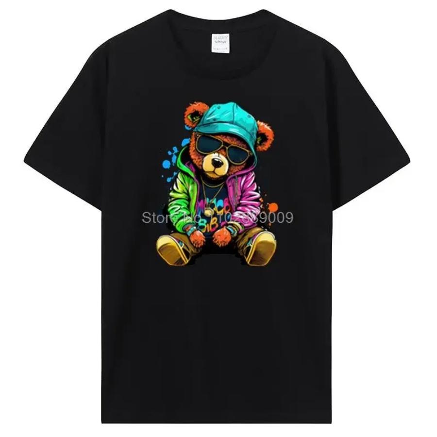 Teddy Bear Playing Badminton T-shirt Cotton Clothing Tops Graphics Kawaii Men Women Short Sleeve Print TShirt Tees Women Men