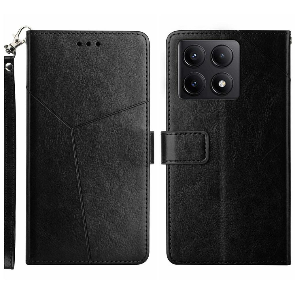For Xiaomi 14T Case with Wrist Strap Y Shaped Lines Imprint Leather Phone Cover
