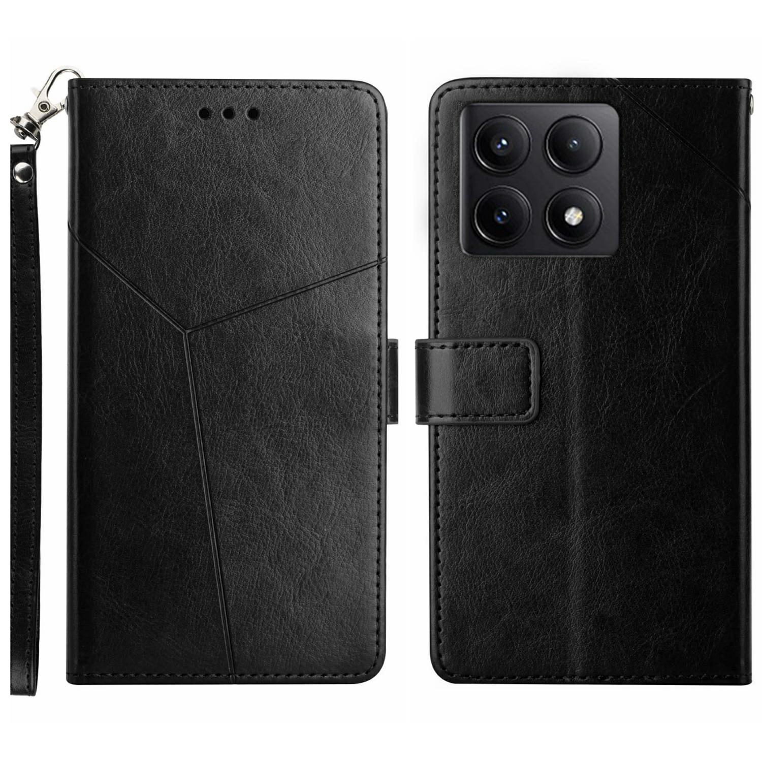 

For Xiaomi 14T Case with Wrist Strap Y Shaped Lines Imprint Leather Phone Cover Black