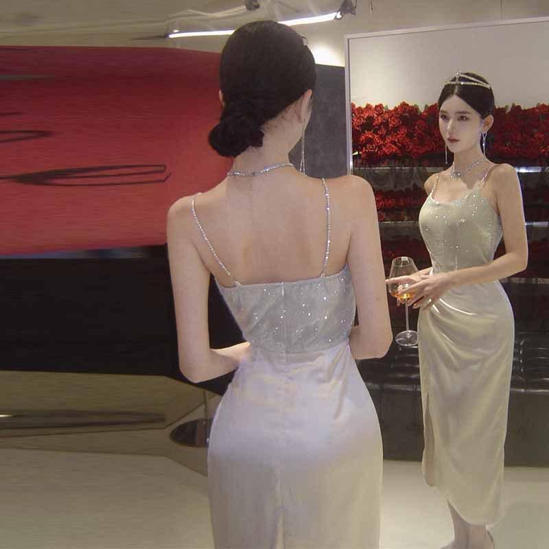 New women's temperament socialite style shiny split suspender dress