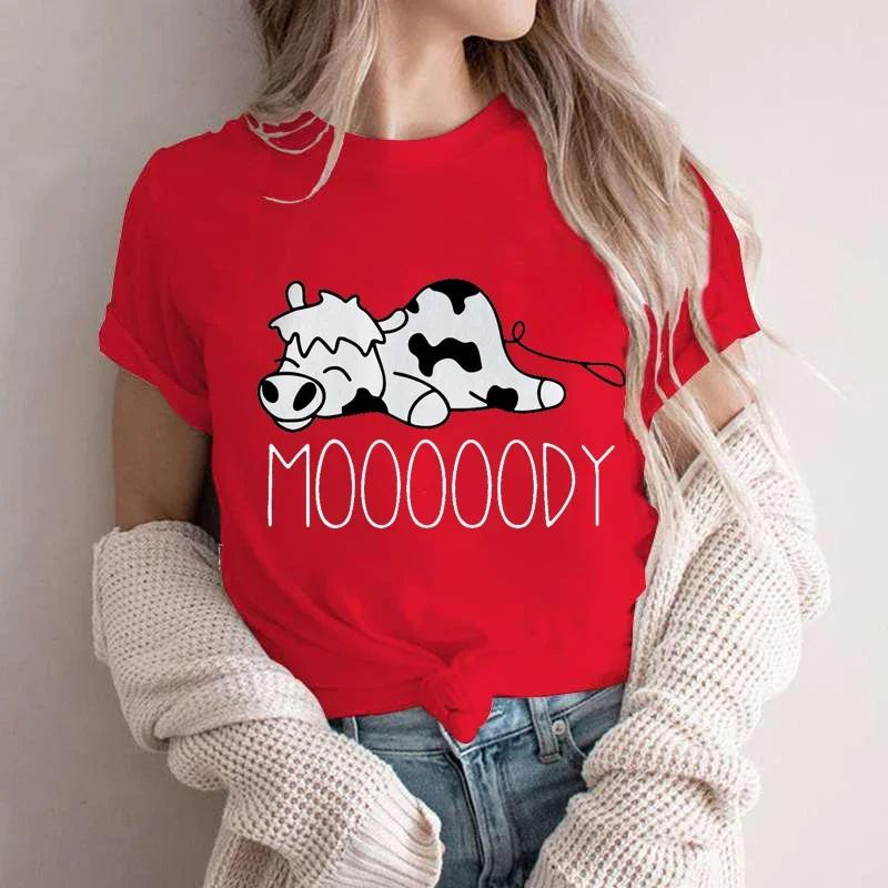 Moooody Cow Kawaii T Shirts Women's Summer Funny T-Shirts Lazy Cow Animal Tees Short Sleeve Clothes Summer Coolness Style Tshirt
