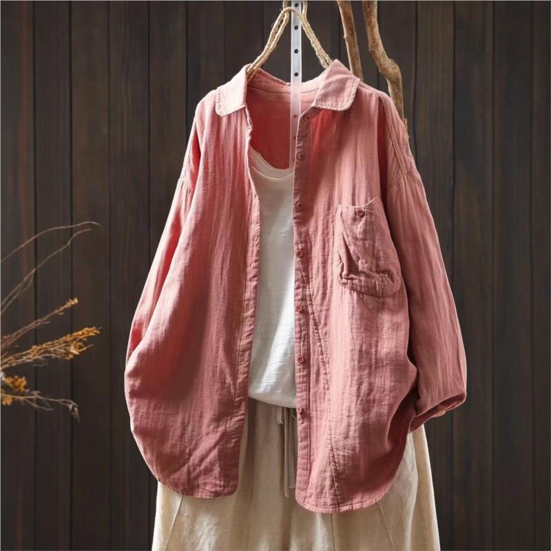 Johnature Women Vintage Shirts Tops Turn-down Collar Patchwork Pockets Blouses Autumn Solid Color Shirts