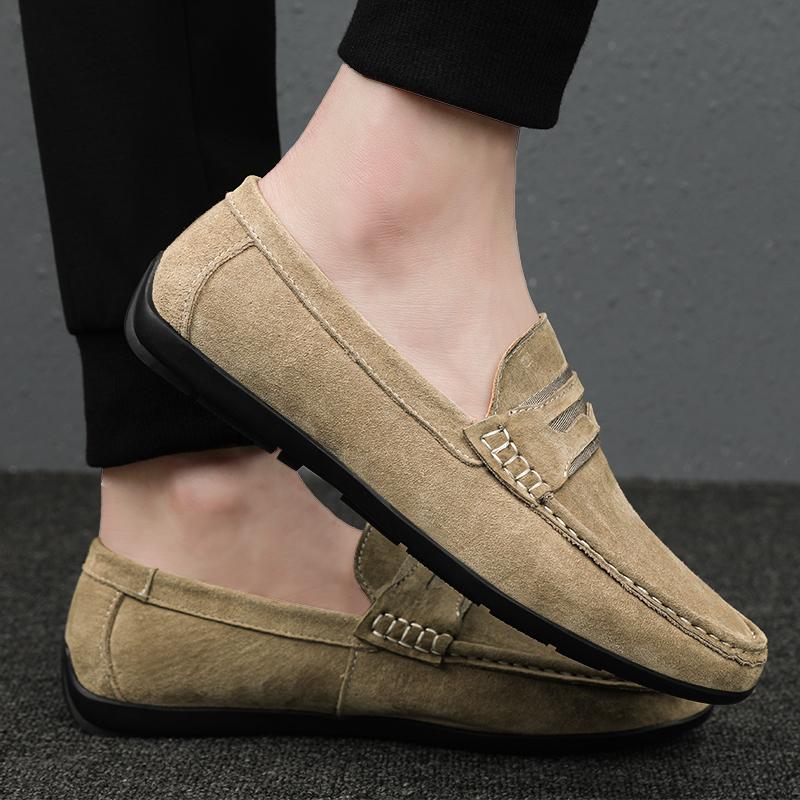 Mode 2025 Herren Graue Wildleder-Finish Slipper Leder Elastischer Zwickel Stichdetails Rutschfest Fahr-Slipper Große Größe 38-45