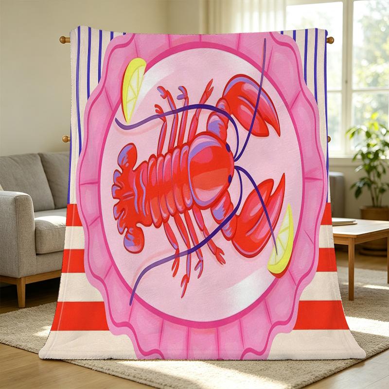 Cartoon Lobster Flannel Fleece Blanket Anti-Pilling, Soft & Warm All Seasons Home Blanket, Perfect for Halloween & Christmas