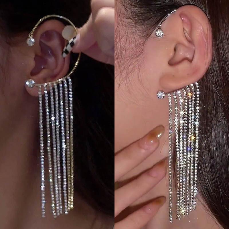 Ny Luksuriøs Skinnende Zirkon Rhinestone Lang Duskel Øreklem Ørepynt Øremansjett Utsøkt Ørepynt Bryllupsfest Zirkon
