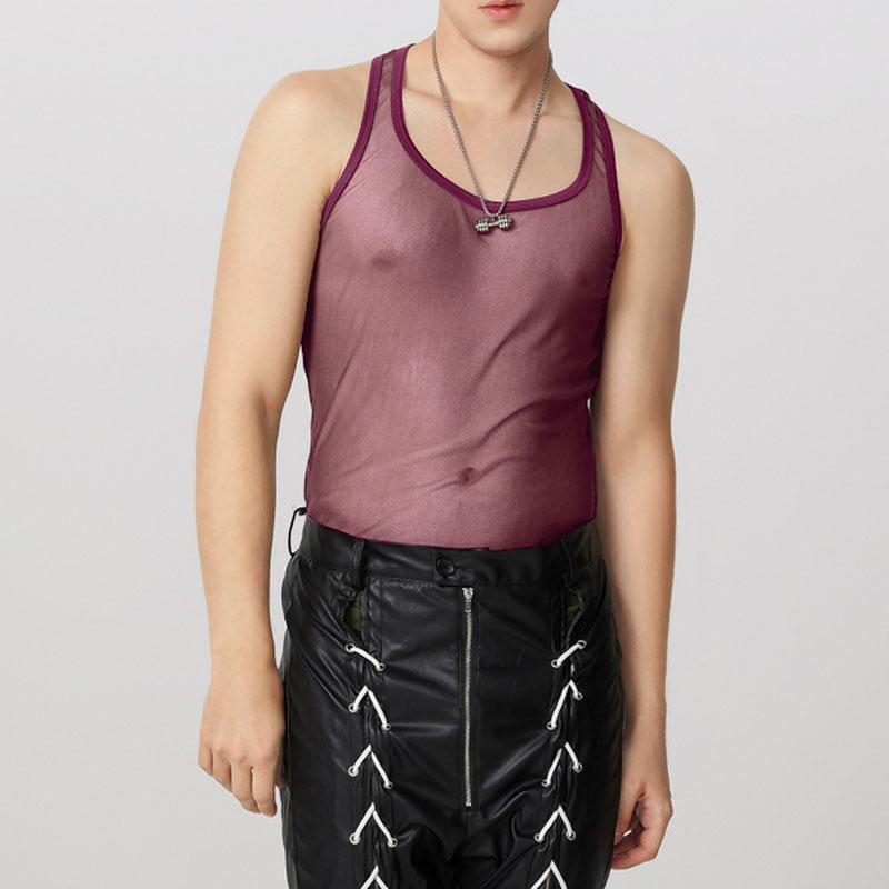 

INCERUN Men Round Neck Sleeveless Mesh Sheer Racerback Fitted Tank Tops 3XL фиолетовый