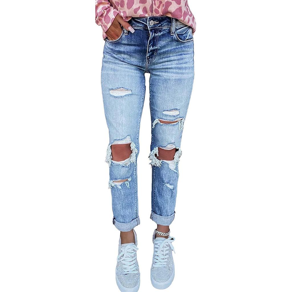 Women Color Hole Low Waist Jeans Flares Fashion Pants Trouser