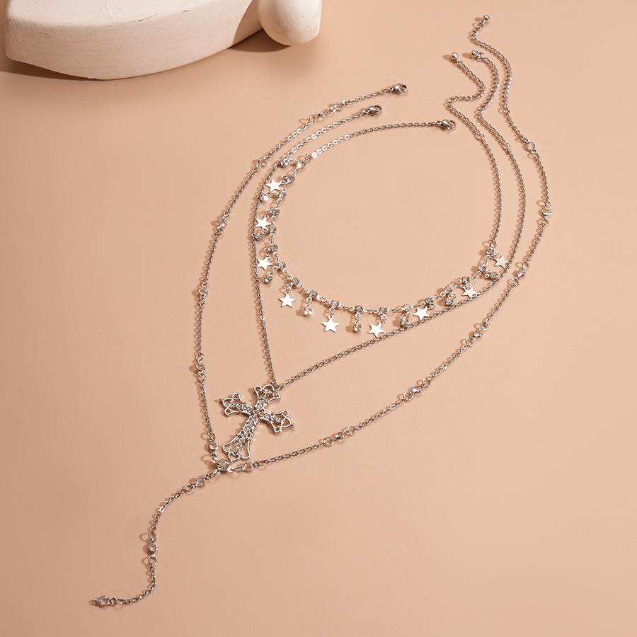 Rhinestone Cross Star Pendant Necklace Set for Women Crystal Y-shaped Necklace Y2K Party Jewelry Accessory