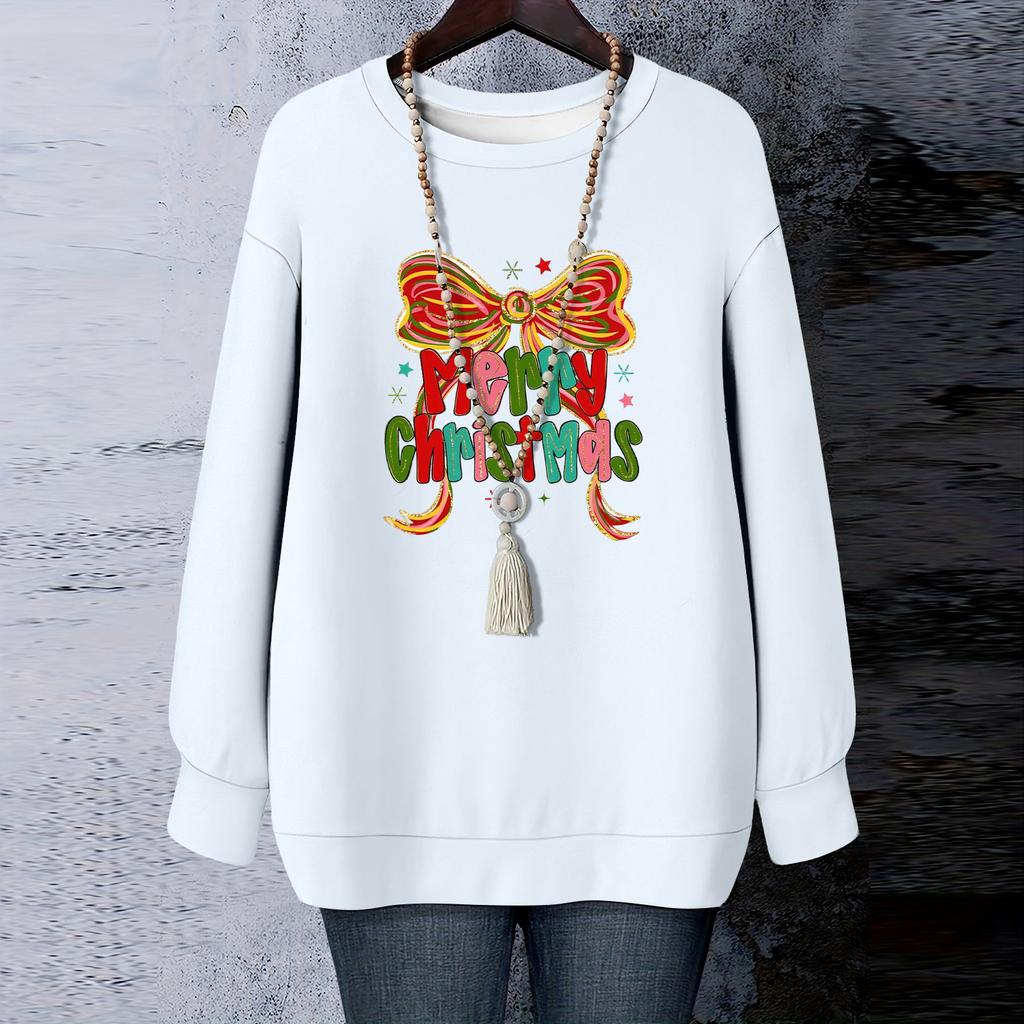 Ladies' Christmas Printed Round Neck Long Sleeved T-shirt Sweatshirt Top