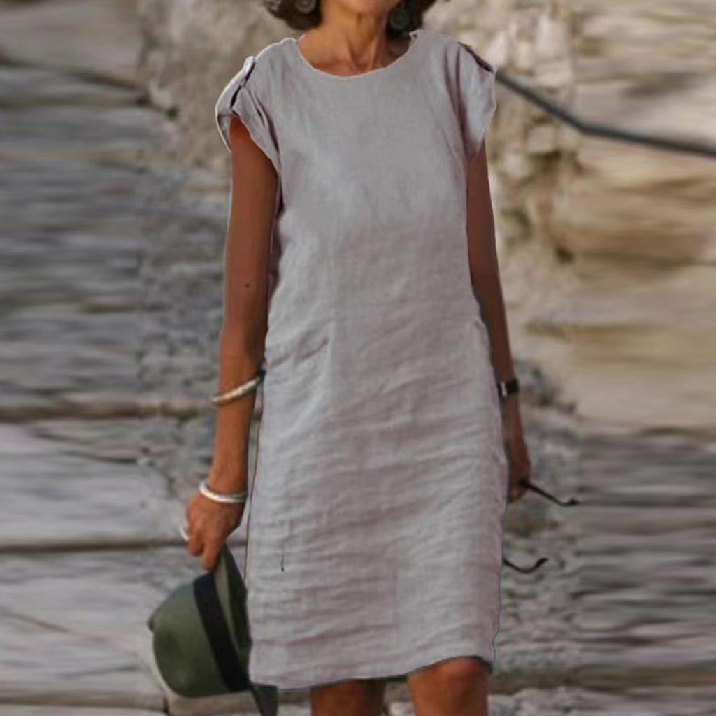 Womens Fashion Color Button Party Dresses Women Elegant O-Neck Short Sleeve Beach Dress Ladies Casual Loose A-Line Dress