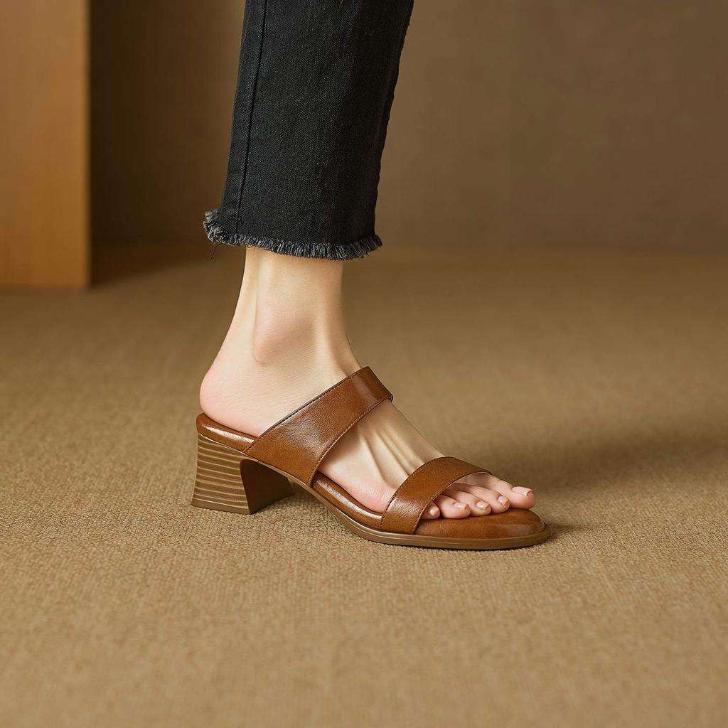 Krazing Pot Mules Cow Skin Thick Heels Peep Toe Street Wear Summer Size 42 Concise Style Elegant Women Sandals