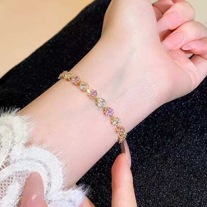 French Luxury Pink & White Zircon Pentagram Bracelet for Women – Summer Sweet, Fresh & High-End Style, Best Friend Jewelry.