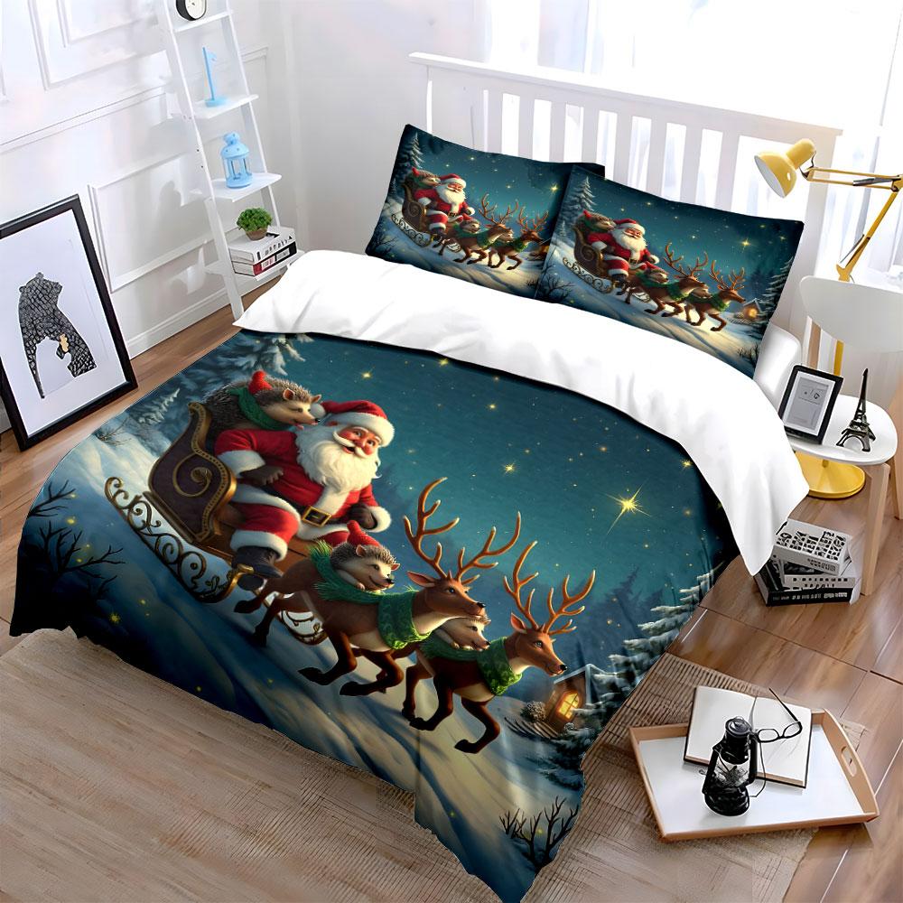Santa Sleigh with Reindeer Bedding Duvet Cover Set Duvet Cover Pillowcases  (1*Duvet Cover 2*Pillowcases, without duvet insert)