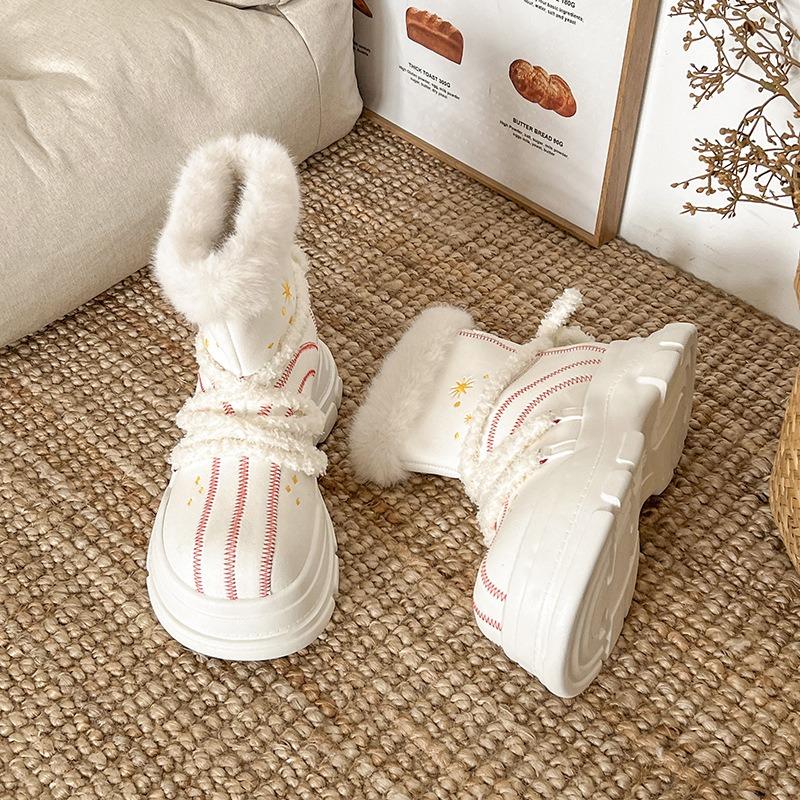 White Christmas Wind Platform Snow Boots Women's Winter New Velvet Thickened Warm Non-slip Big Head Cotton Shoes