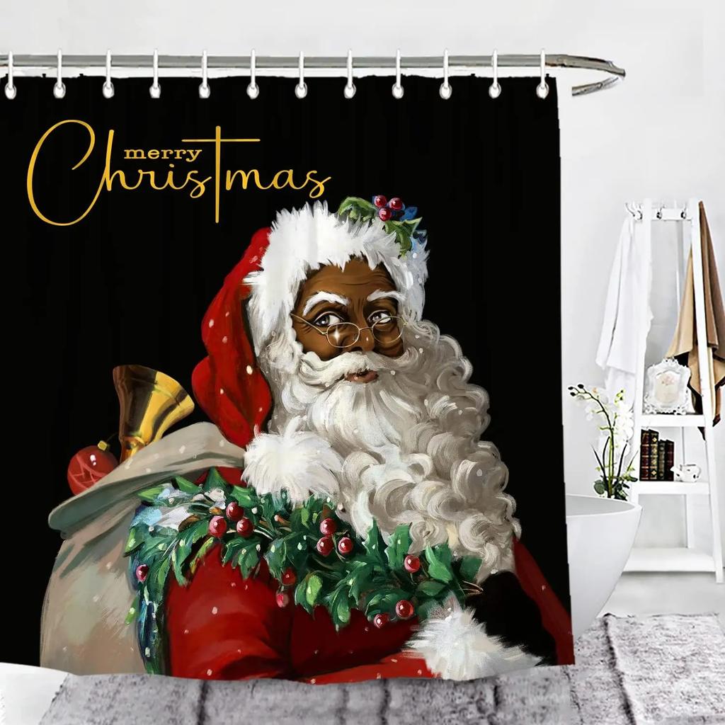 Santa Claus Christmas Red Shower Curtain Happy New Year Gifts Deer Bathroom Decor Winter Holiday Polyester Fabric Bath Curtain